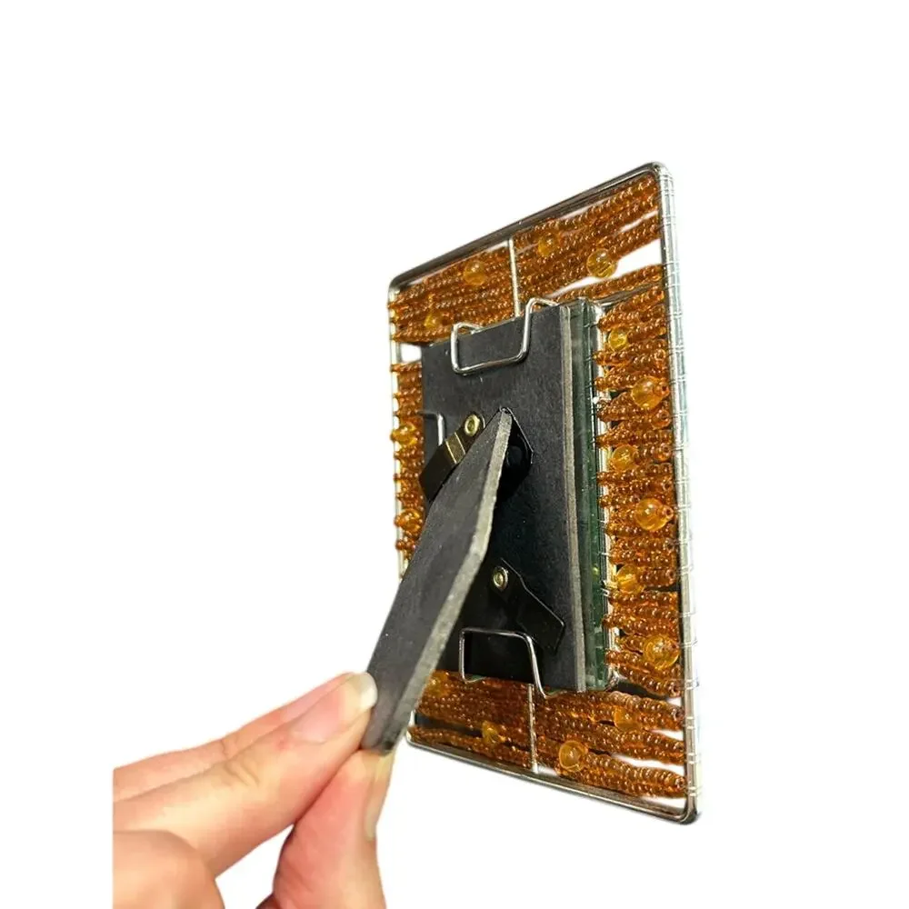 Beaded med brown Silver mini Photo Frame- glass insert- 5x4” whimsical 90s
